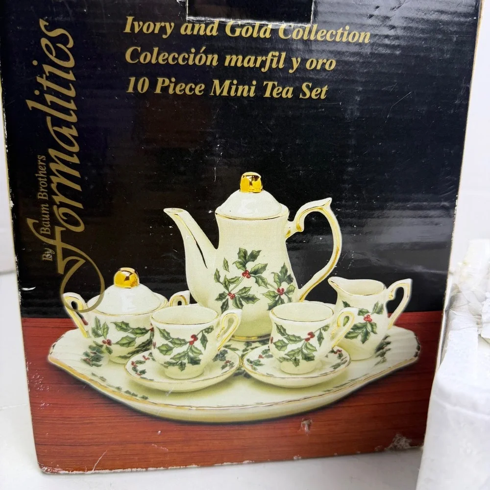 Formalities Baum Brothers Ivory Gold 10 Piece Mini Tea Set Holly Berry FIGHL17